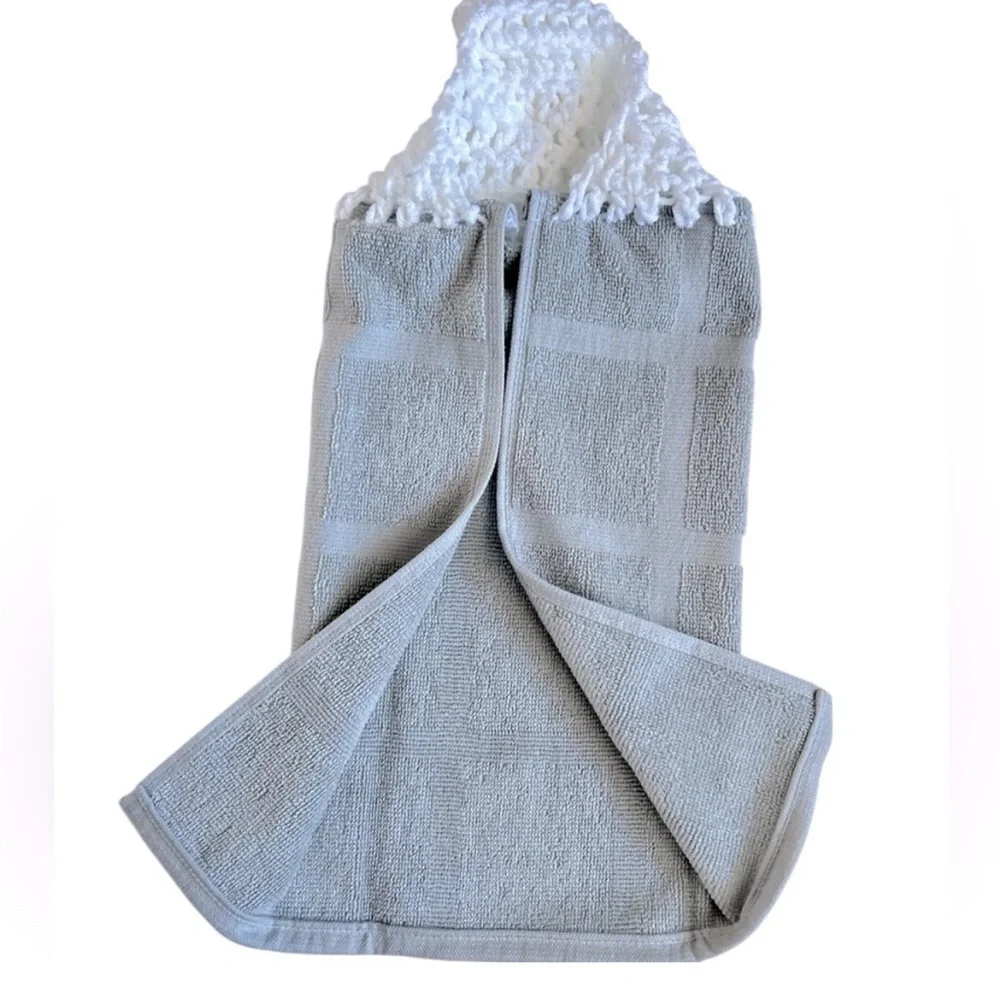 Hand Crafted Gray and White Hanging Kitchen Hand Towels Crochet Top